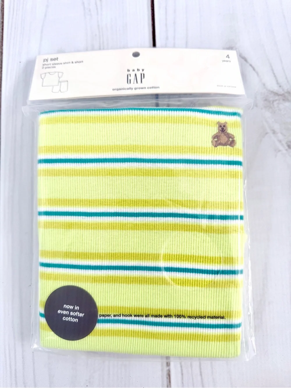 GAP Yellow and Teal Stripe Kids PJ Set with Bear Embroidery Organic Cotton